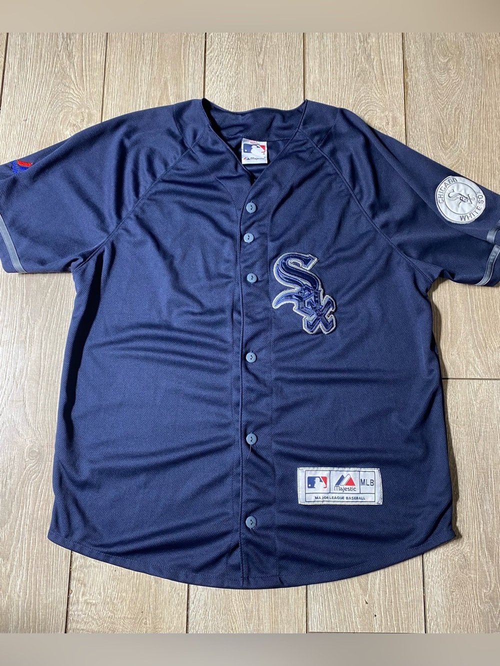 Majestic Mens Navy Blue Chicago White Sox Baseball MLB Jersey Size Medium Patch